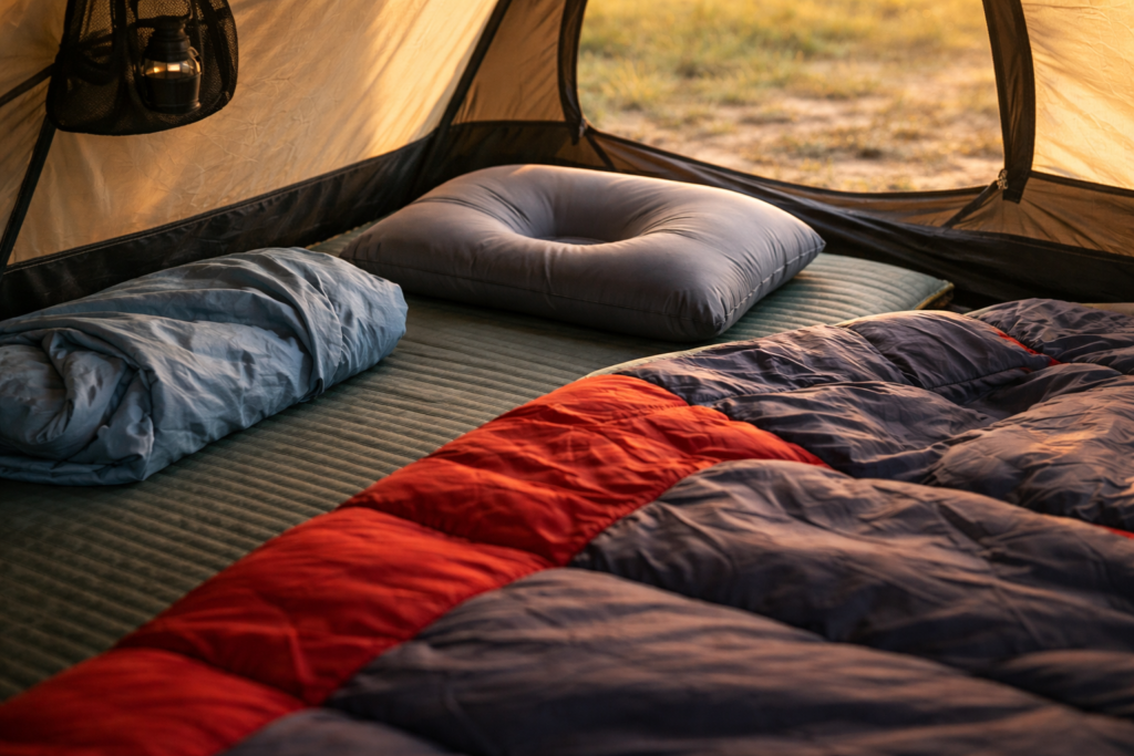 Properly set up camping sleep system with inflatable pillow and self-inflating mat inside a family tent
