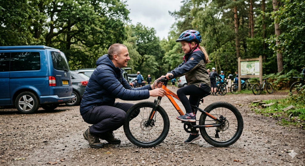 A parent helping a young child check the fit of a mountain bike at a trail centre with the child seated on the saddle and feet flat on the ground