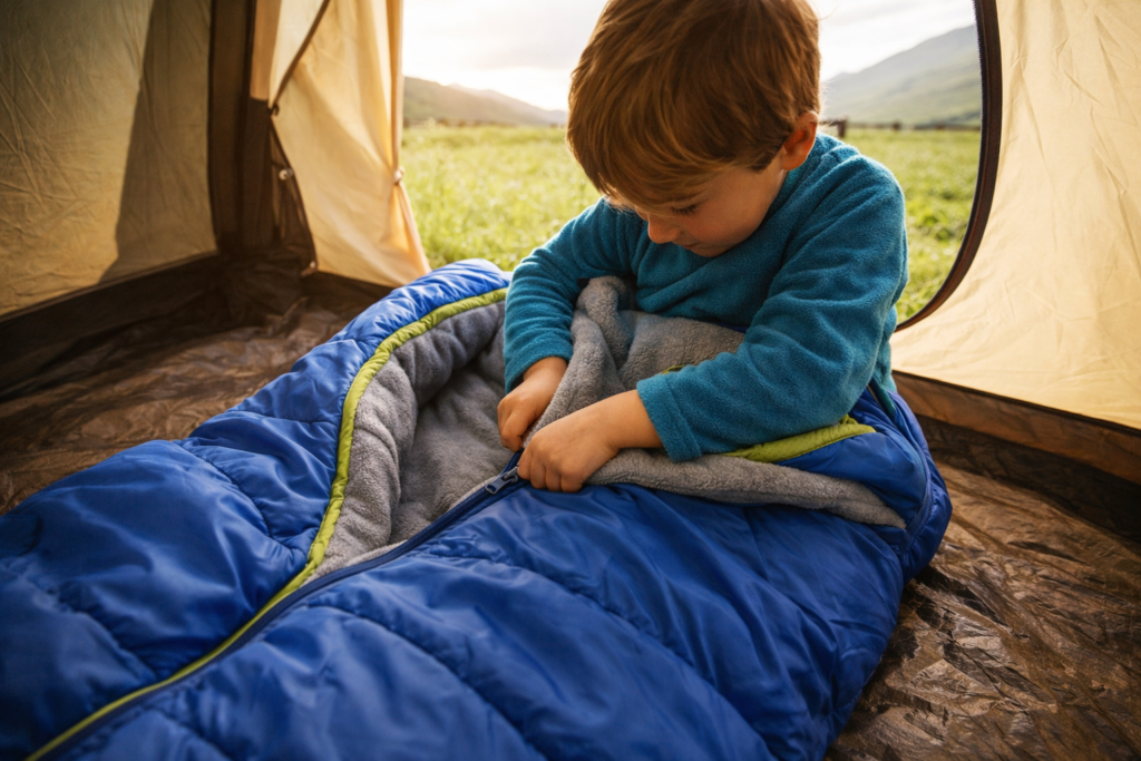 Young child climbing into a soft mummy sleeping bag inside a camping tent with daylight through open tent door