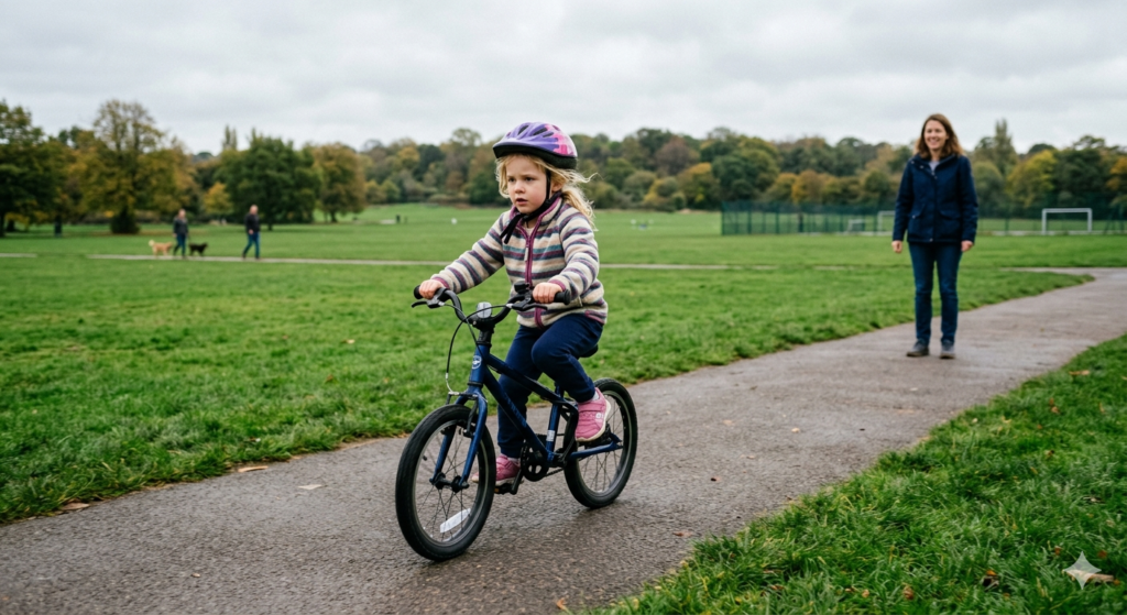 A young child riding a correctly sized bike on a flat open park path in the UK looking concentrated while a parent watches in the background