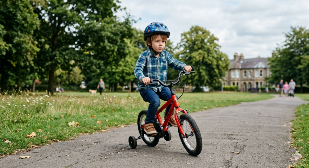 Child on balance bike alongside child on stabiliser bike in a UK park
Alt text: Two children riding side by side on a park path — one on an orange balance bike and one on a red bike with stabilisers, both wearing helmets