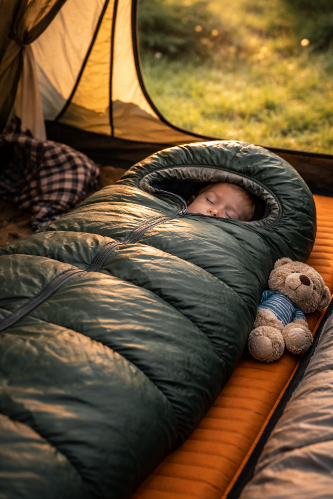 Young child settled in a properly fitted mummy sleeping bag inside a camping tent with morning light through door