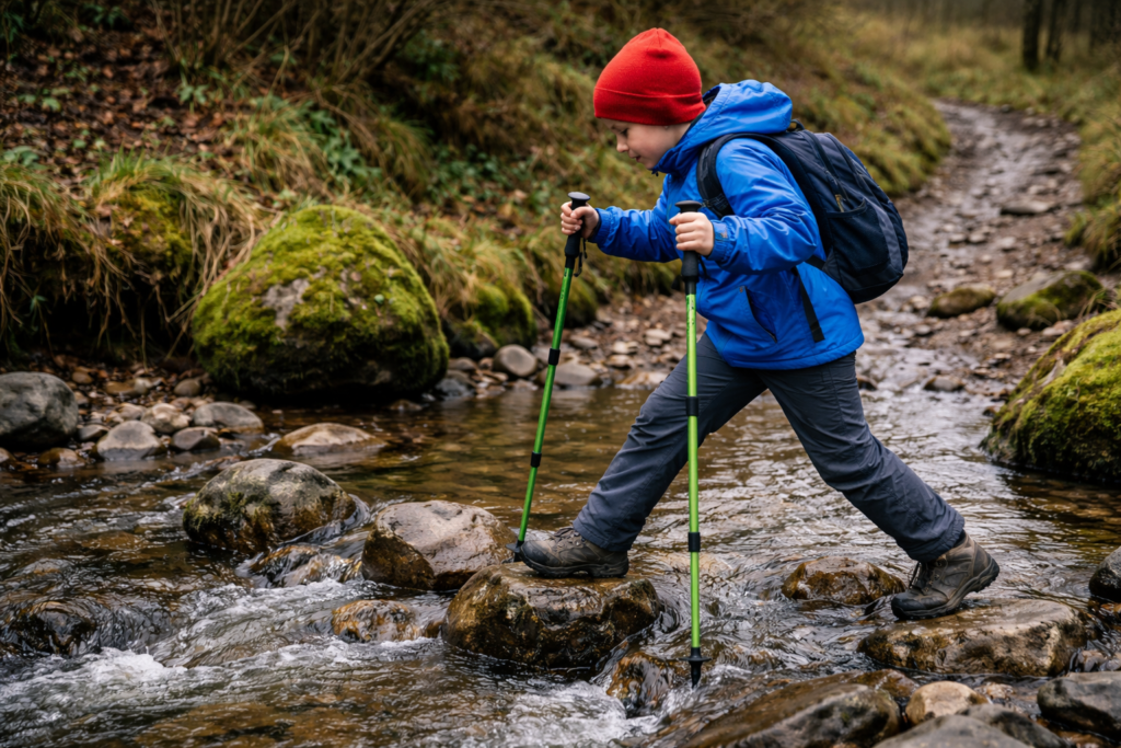 Child using two hiking poles to carefully cross a shallow rocky stream on a muddy Scottish woodland trail