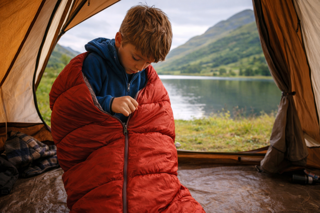 Child climbing into a mummy sleeping bag inside a tent with Scottish loch visible through open tent door