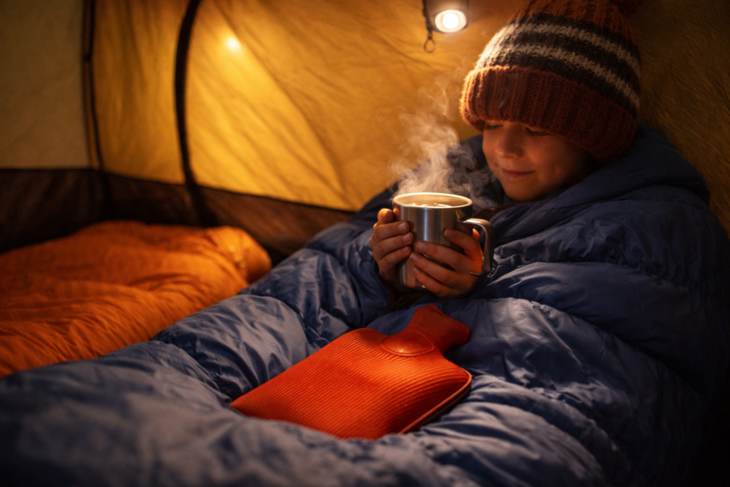 Child sitting up in sleeping bag holding hot chocolate with hot water bottle at foot inside a family camping tent