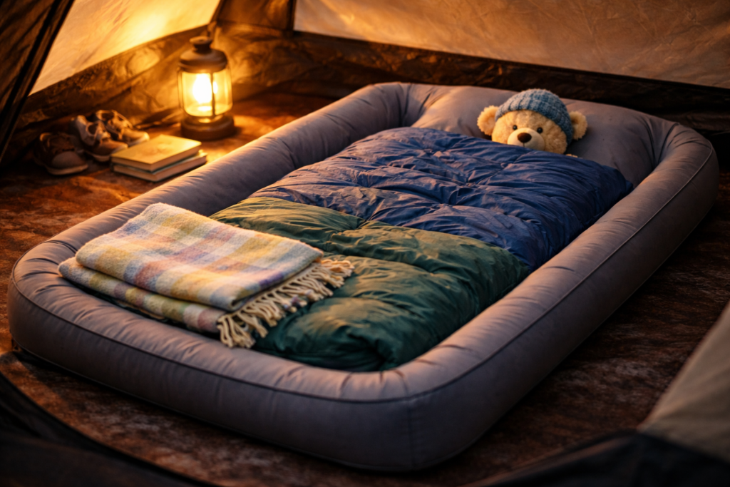 Low-profile children's camping bed with raised edges sleeping bag and soft toy inside a family camping tent