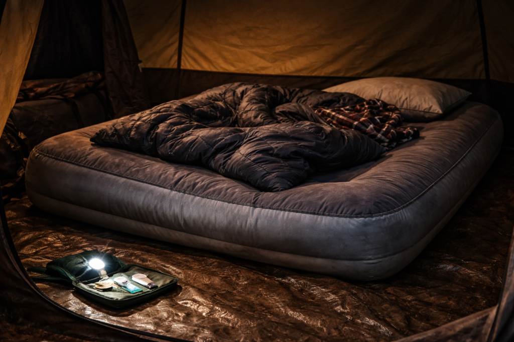 Partially deflated air mattress inside a camping tent at night with puncture repair kit on groundsheet beside it