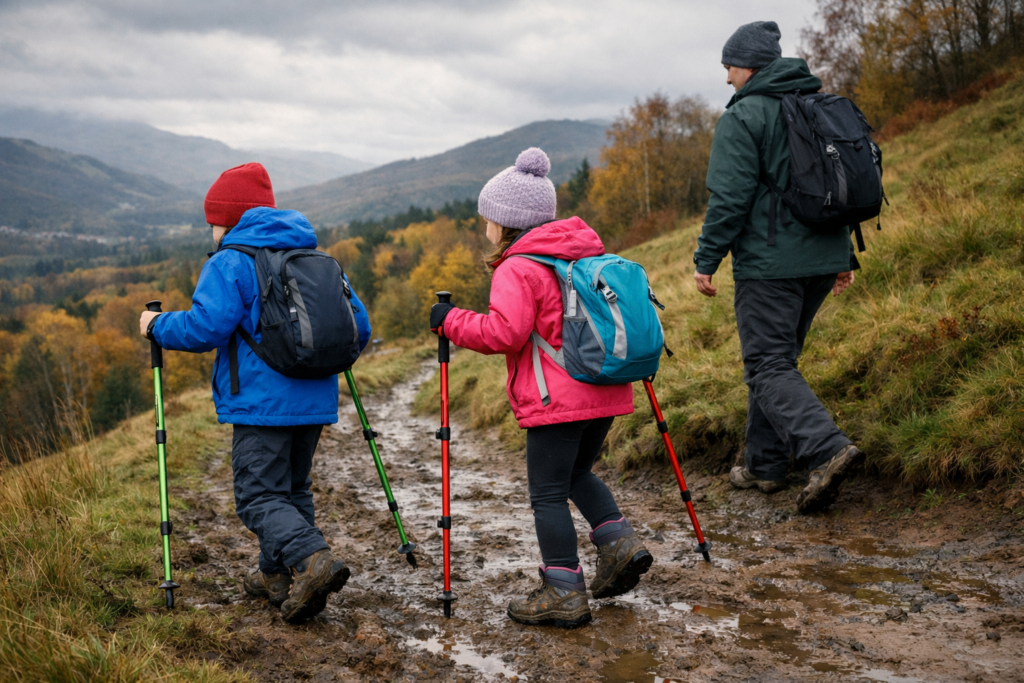 Parent and two children walking on a muddy hillside trail using adjustable hiking poles under an overcast sky on a UK family walk