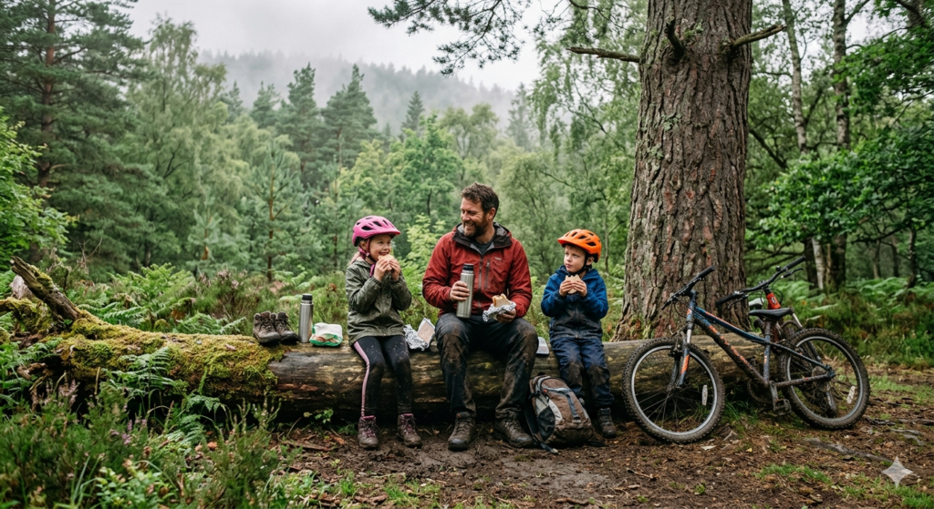 A family taking a lunch break in a Scottish forest during a trail day with mountain bikes propped against a tree and a flask and sandwiches visible
