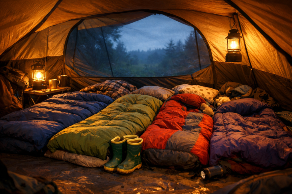 Family sleeping bags laid out inside a camping tent with warm lantern light and childrens wellies beside them