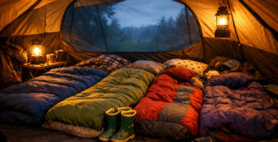 Family sleeping bags laid out inside a camping tent with warm lantern light and childrens wellies beside them