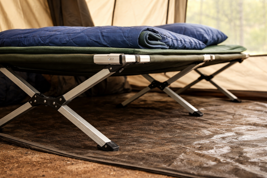Folding camping bed with aluminium frame legs showing clearance off tent groundsheet with sleeping mat on top