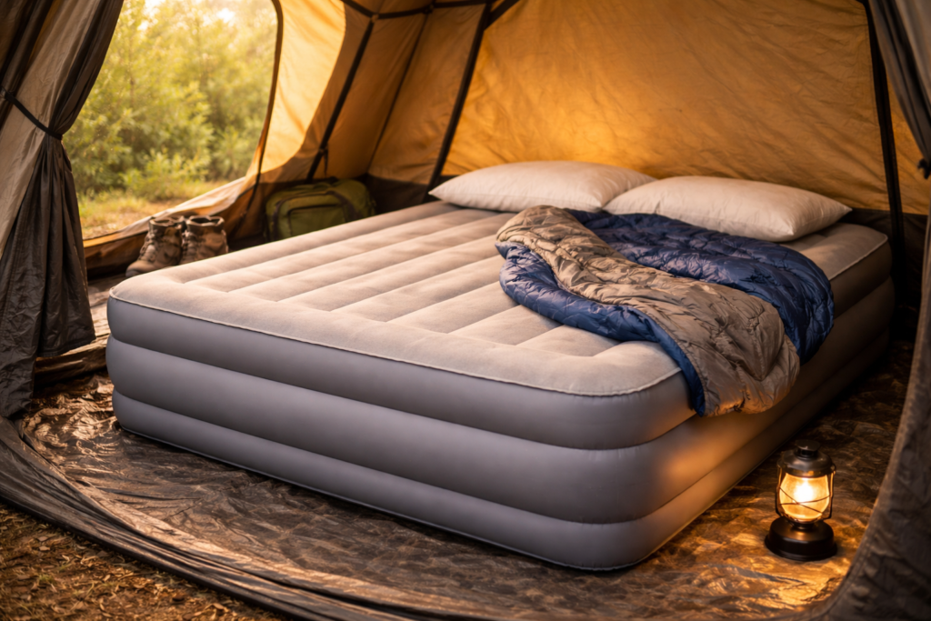 High-profile double air mattress at 46cm height inside a large family tent resembling a proper bed setup