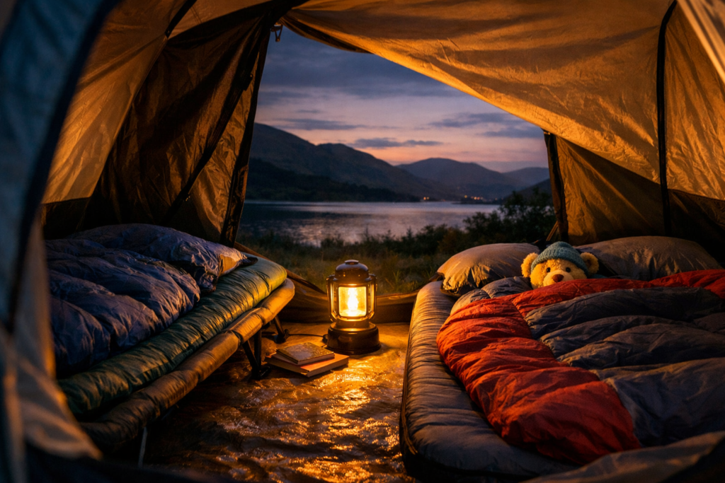 Comfortable family tent sleeping setup with camping bed sleeping mat and warm lantern light on a UK camping evening