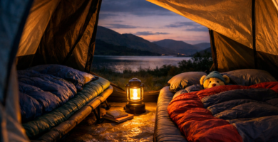 Comfortable family tent sleeping setup with camping bed sleeping mat and warm lantern light on a UK camping evening