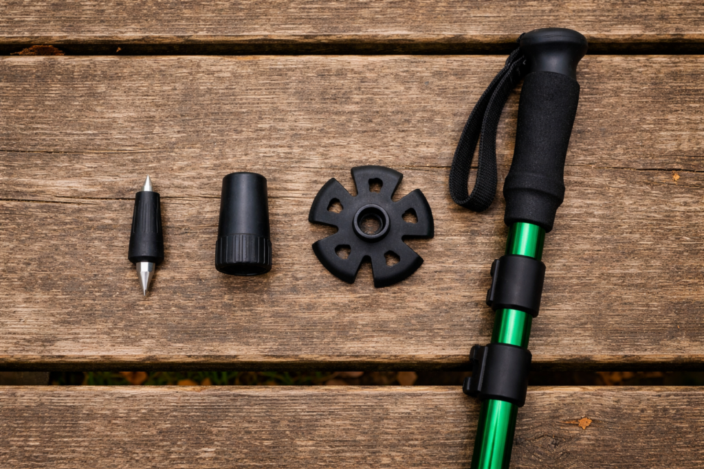 Three hiking pole tip types laid out side by side showing tungsten steel tip rubber cap and mud basket with a collapsed kids pole for scale