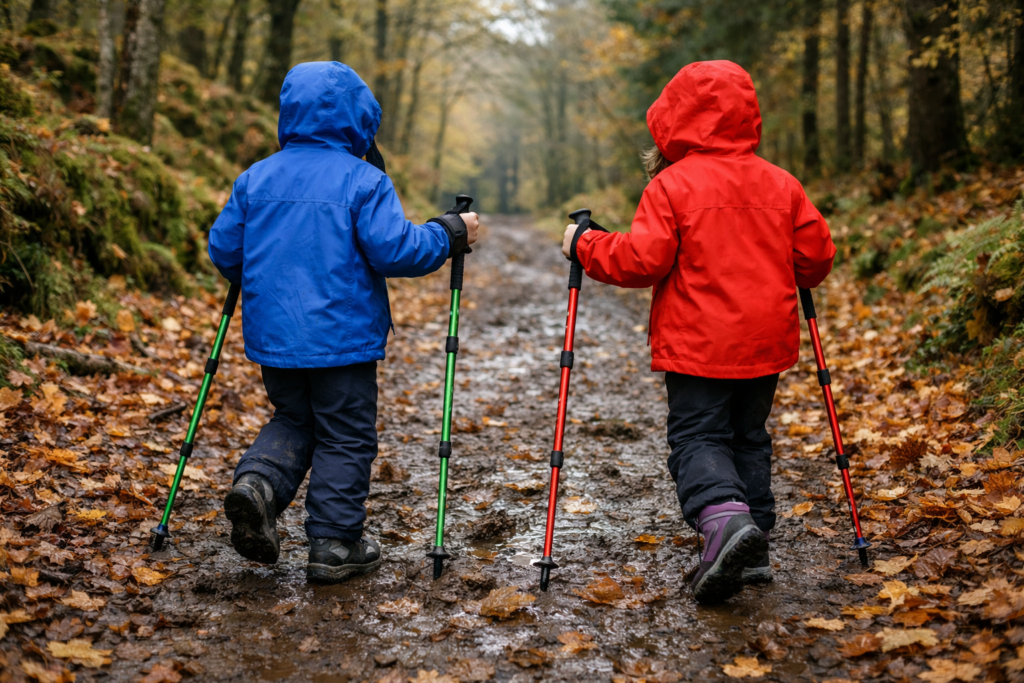 Two children using bright coloured adjustable hiking poles on a muddy woodland trail in autumn wearing waterproof jackets and walking boots