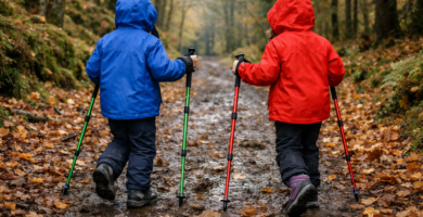 Two children using bright coloured adjustable hiking poles on a muddy woodland trail in autumn wearing waterproof jackets and walking boots