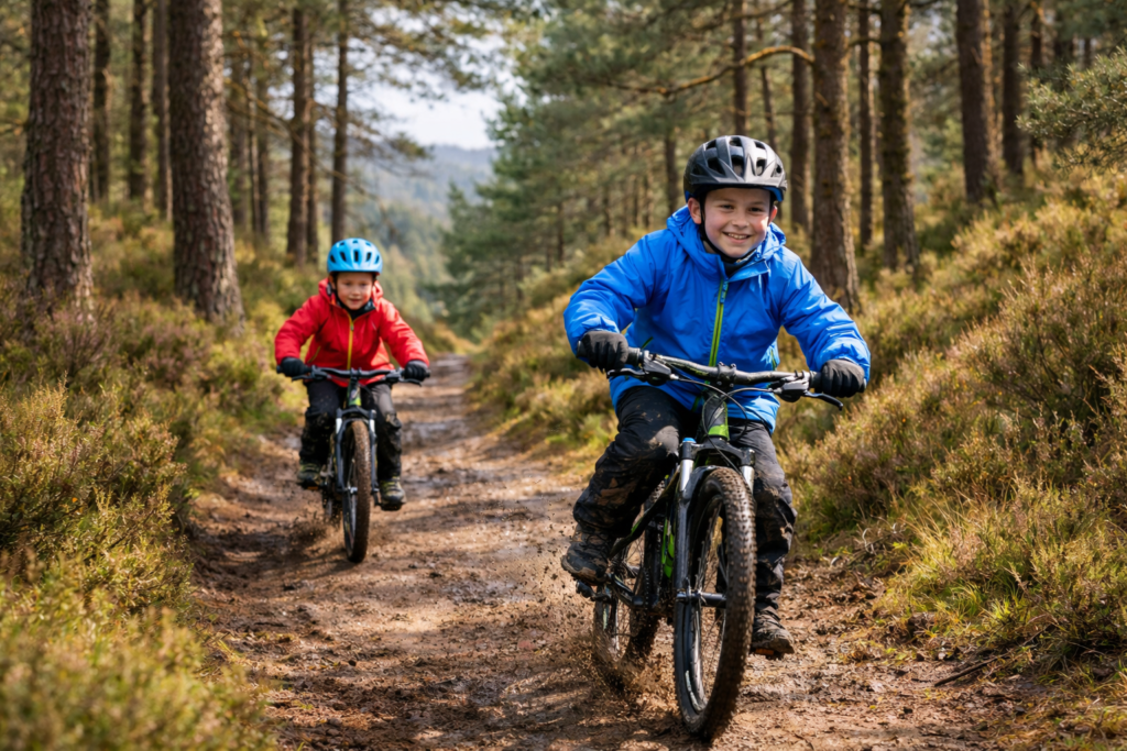 Two children wearing helmets and waterproof jackets riding mountain bikes on a muddy woodland trail through pine trees in Scotland