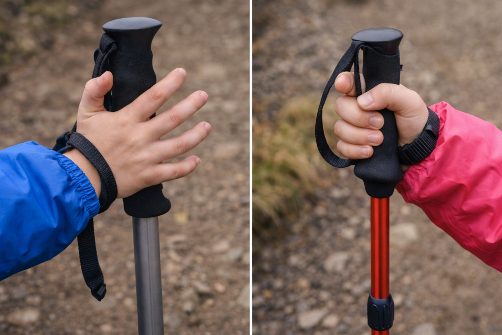 Side by side comparison of a child gripping an oversized adult hiking pole versus a correctly fitted kids hiking pole showing the grip difference