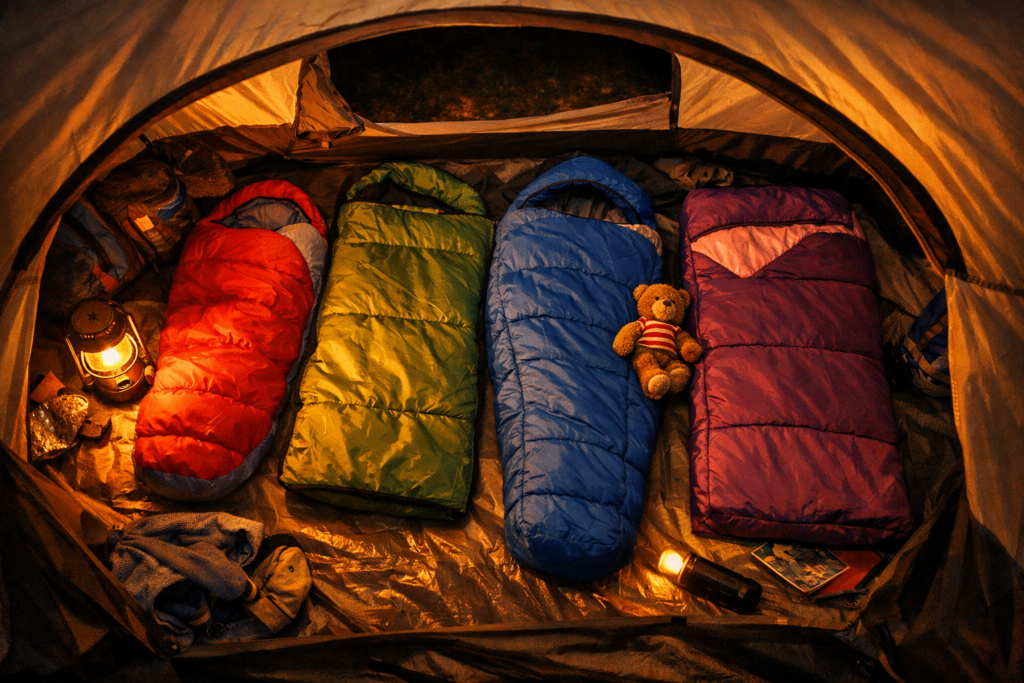 Children's sleeping bags laid out inside a family tent with warm lantern light and a soft toy beside one bag