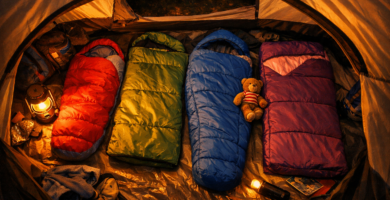 Children's sleeping bags laid out inside a family tent with warm lantern light and a soft toy beside one bag
