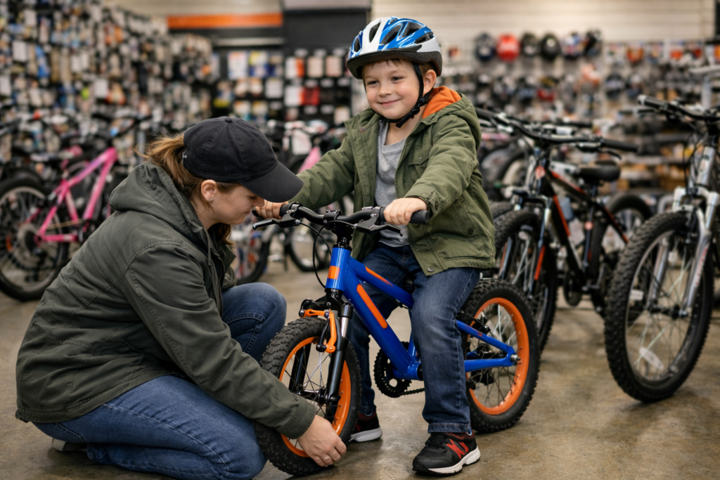 A parent kneeling beside a child sitting on a kids bike in a UK bike shop checking the fit with both feet flat on the ground