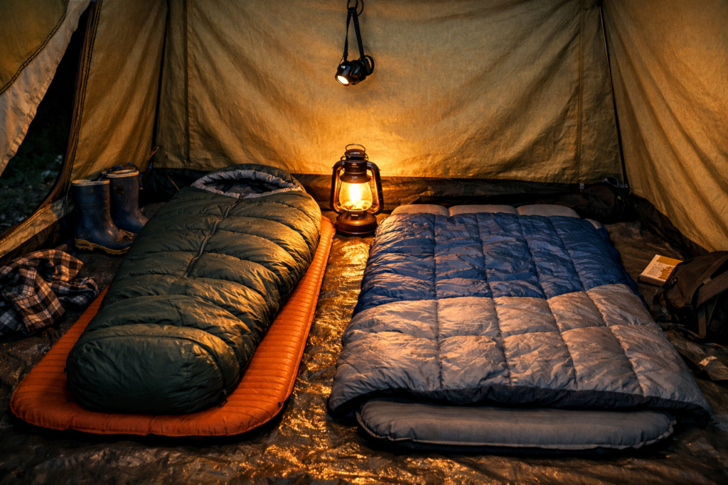 Sleeping bag and camping quilt side by side inside a family tent with warm lantern light