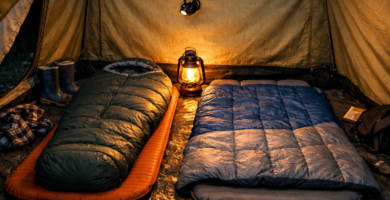 Sleeping bag and camping quilt side by side inside a family tent with warm lantern light