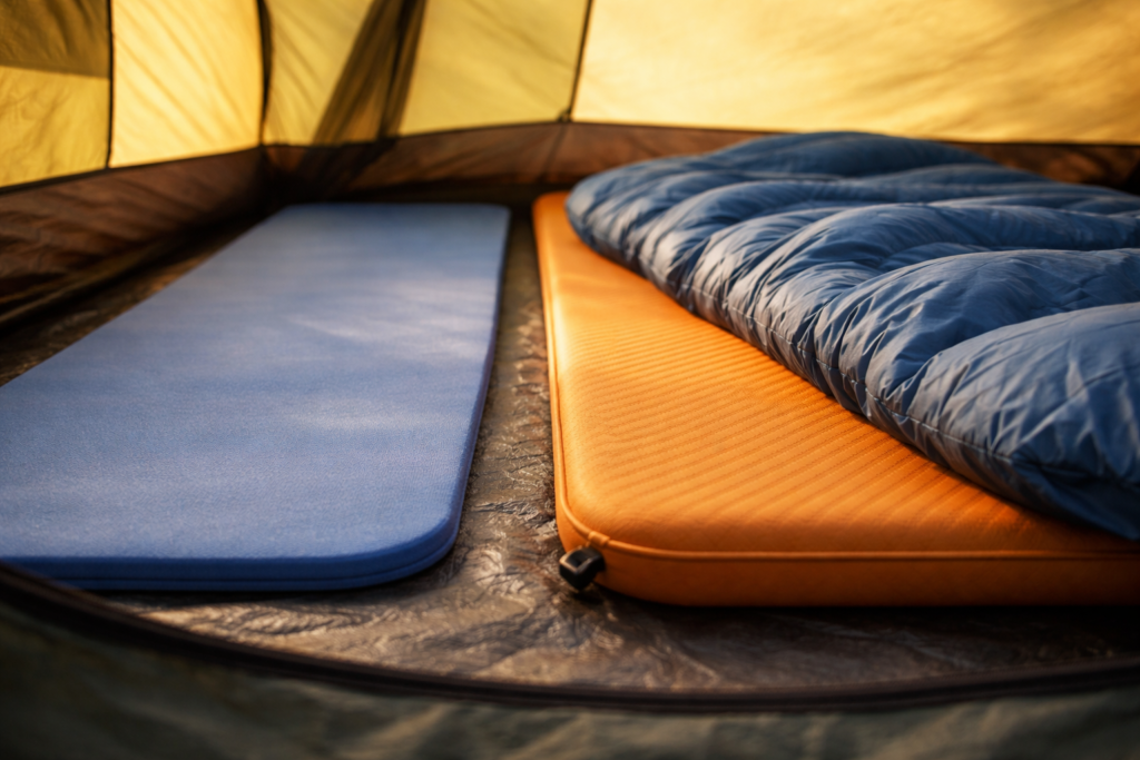 Thin foam camping mat next to a thicker self-inflating sleeping mat inside a tent showing insulation difference