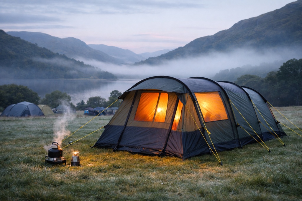 Family tent pitched on dewy grass on a cold UK morning with misty hills and warm light glowing inside tent