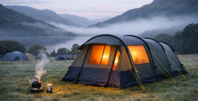 Family tent pitched on dewy grass on a cold UK morning with misty hills and warm light glowing inside tent