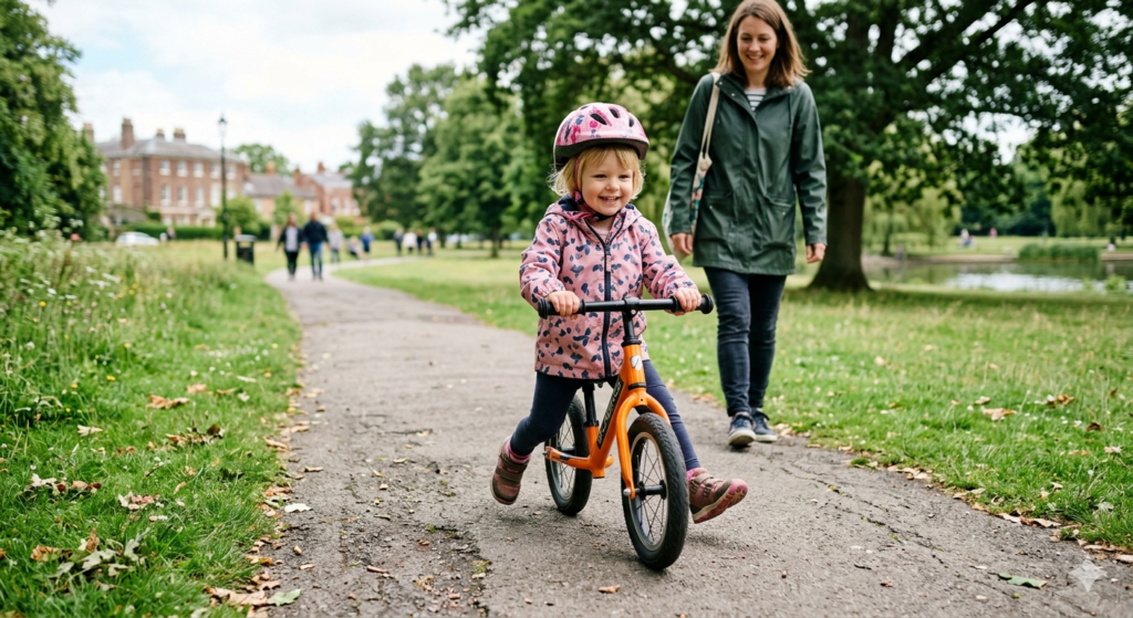 Toddler on an orange balance bike in a UK park with parent walking behind
Alt text: Young girl smiling while riding an orange balance bike on a park path with her mother walking behind her