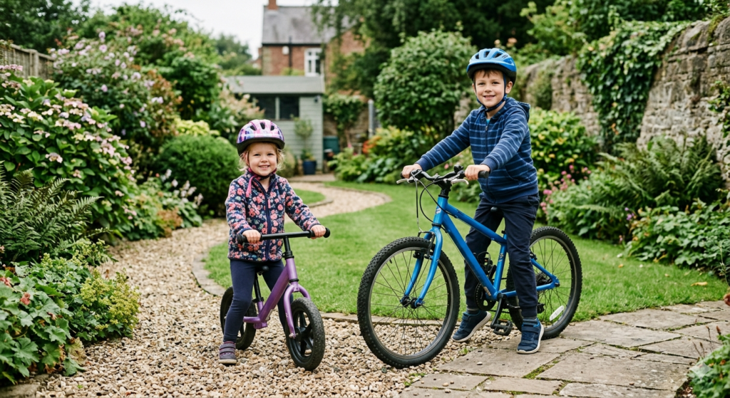 Two children wearing helmets sitting on bikes of different sizes side by side in a UK garden showing the progression from a smaller fitted bike to a larger bike for an older more confident child