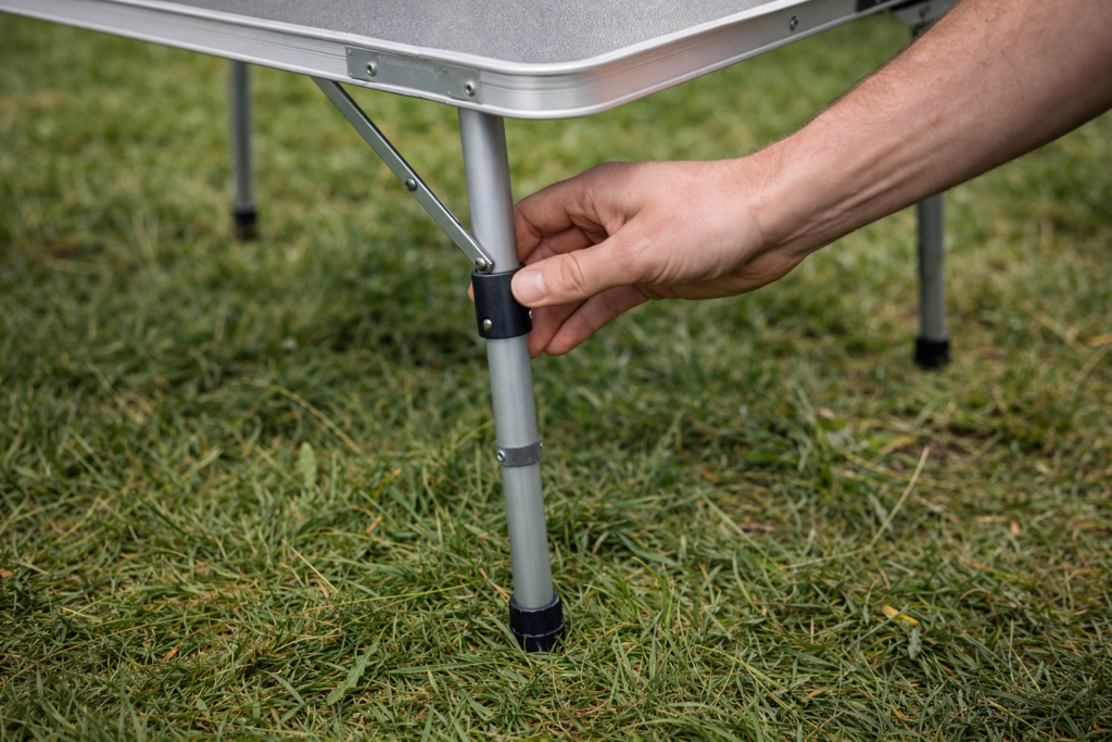 Hand adjusting independent camping table leg on uneven soft grass at a UK campsite to level the table surface
