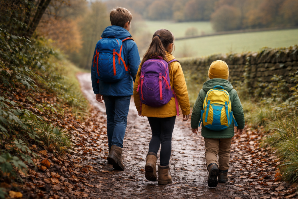 Three children of different ages walking single file on a muddy autumn trail each wearing a correctly fitted small colourful backpack with chest straps clipped
