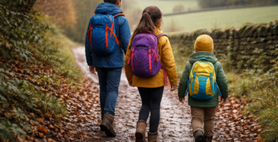 Three children of different ages walking single file on a muddy autumn trail each wearing a correctly fitted small colourful backpack with chest straps clipped