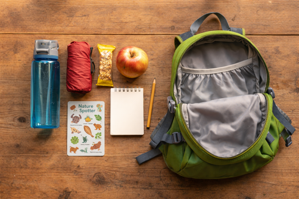 Contents of a child's walking backpack laid out on a wooden surface showing water bottle packaway jacket snacks notebook and nature spotter card