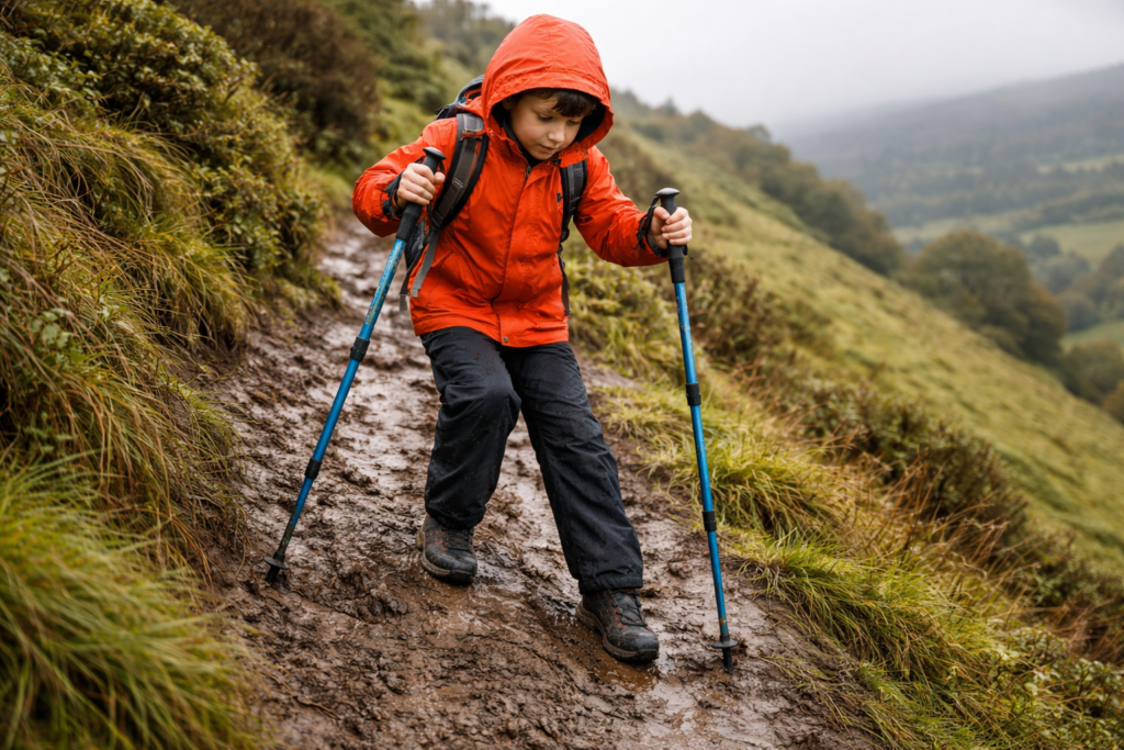 Child using two adjustable hiking poles in correct braking position descending a steep muddy hillside path on a UK family walk