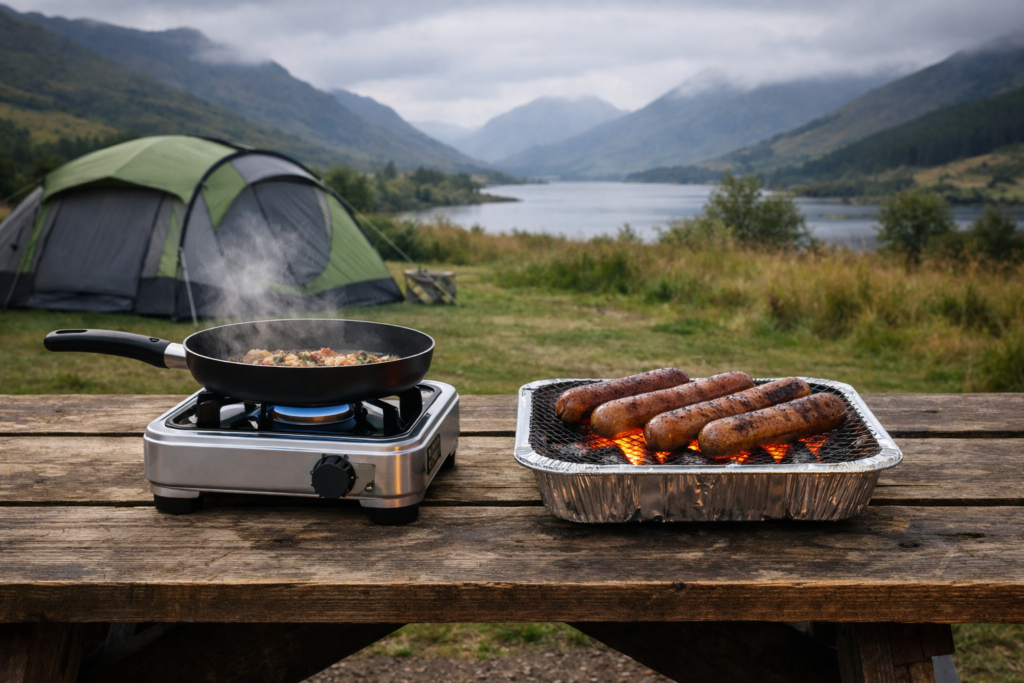 Camping stove with pan and disposable charcoal BBQ with sausages side by side on a wooden picnic table at a UK family campsite