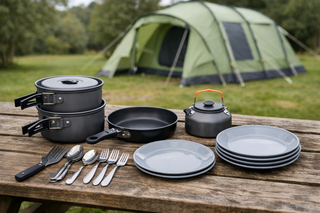 Complete family camping cook set with pots frying pan kettle plates and cutlery laid out on a wooden picnic table at a UK campsite make the image