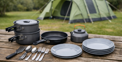 Complete family camping cook set with pots frying pan kettle plates and cutlery laid out on a wooden picnic table at a UK campsite make the image