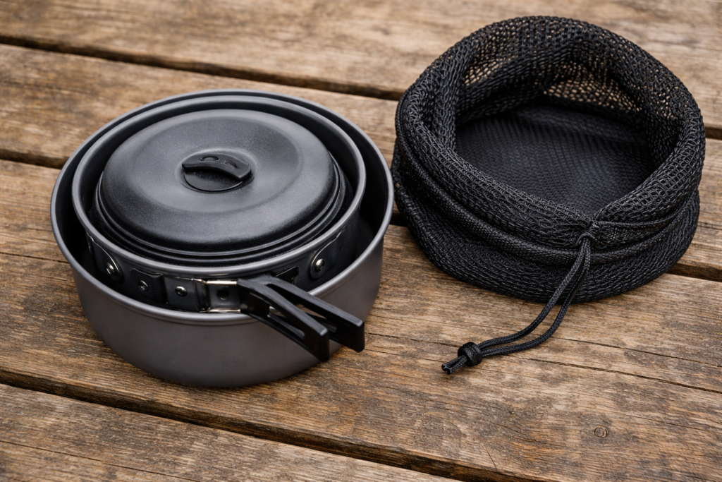 Family camping cookware set nesting together compactly showing large pot medium pot and frying pan stacked inside each other