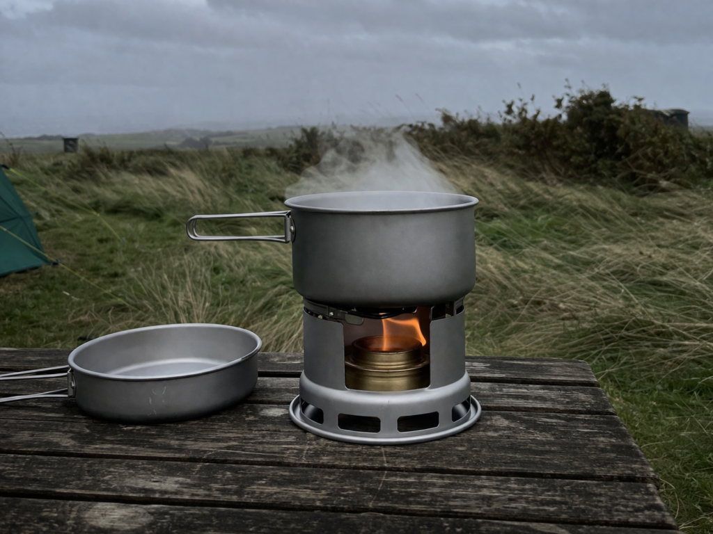Trangia spirit camping stove burning inside enclosed windshield base with pot on top at an exposed UK campsite in overcast conditions