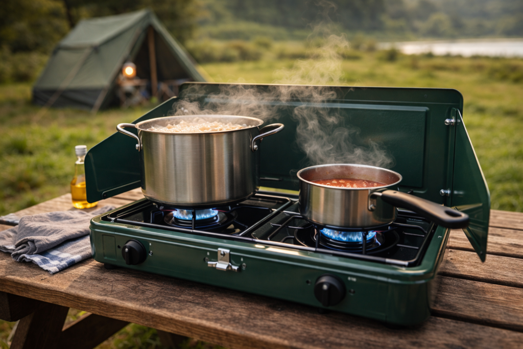 Double burner camping stove on picnic table with pasta pot boiling on one ring and sauce pan on the other at a UK campsite