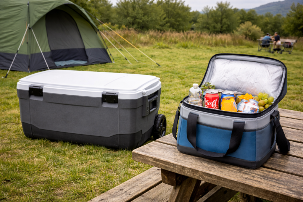 Large sealed wheeled cool box in shade beside tent and small open insulated drinks bag on picnic table at UK family campsite