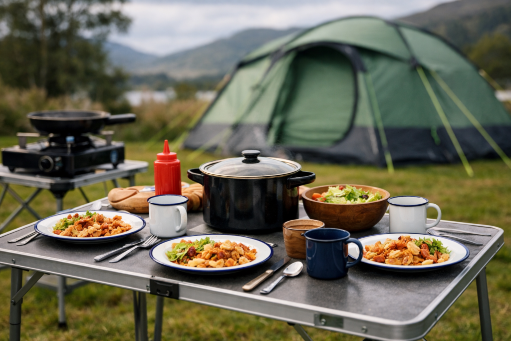 Family camping table set for four with plates cups and serving pot at a UK campsite with green tent visible in background