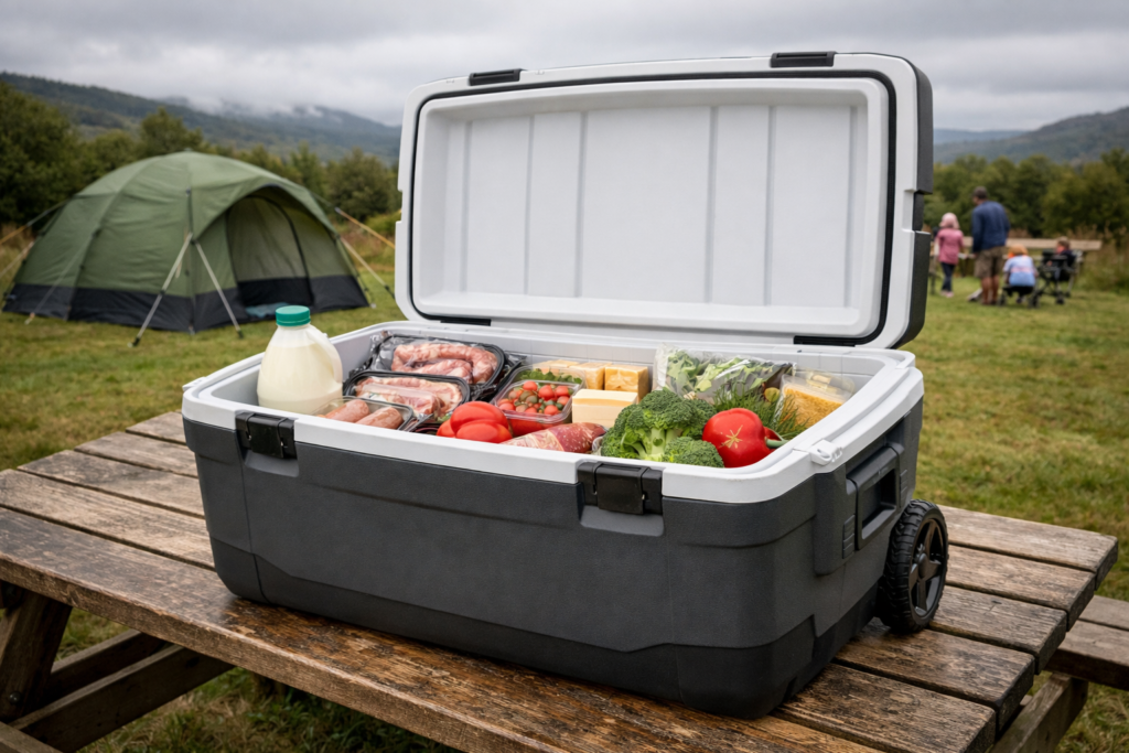 Large wheeled cool box open on a picnic table at a UK family campsite showing packed food with tent in background
