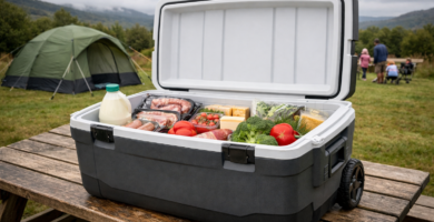 Large wheeled cool box open on a picnic table at a UK family campsite showing packed food with tent in background