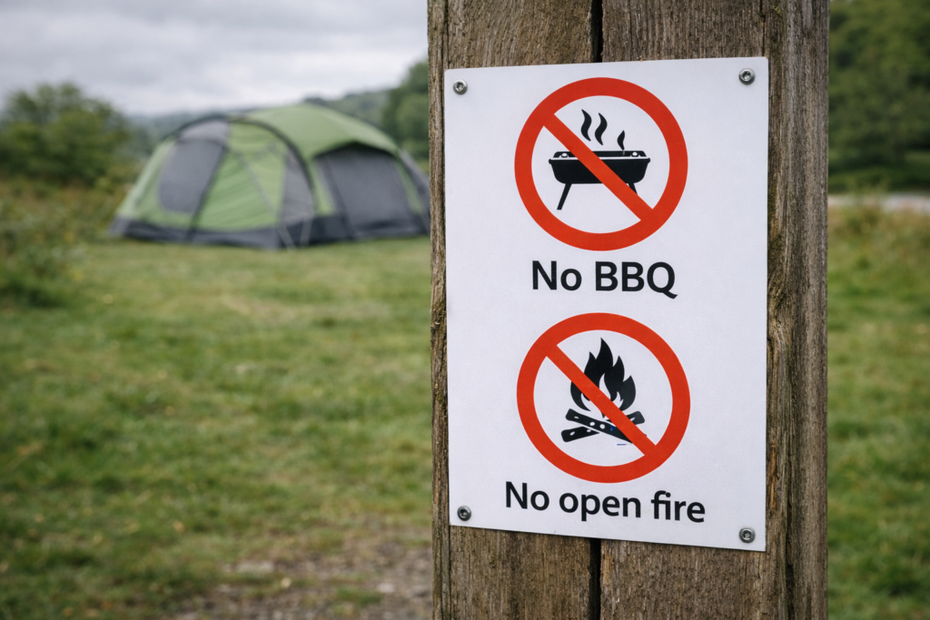 No BBQ and no open fire sign on a wooden post at a UK campsite entrance with grass and tent visible in background